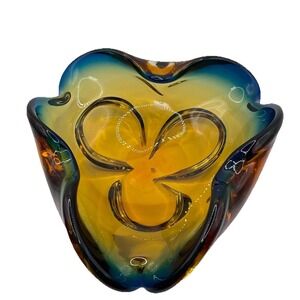 Mid Century Murano Sommerso Art Glass Sculptural Bowl Ashtray Amber Blue